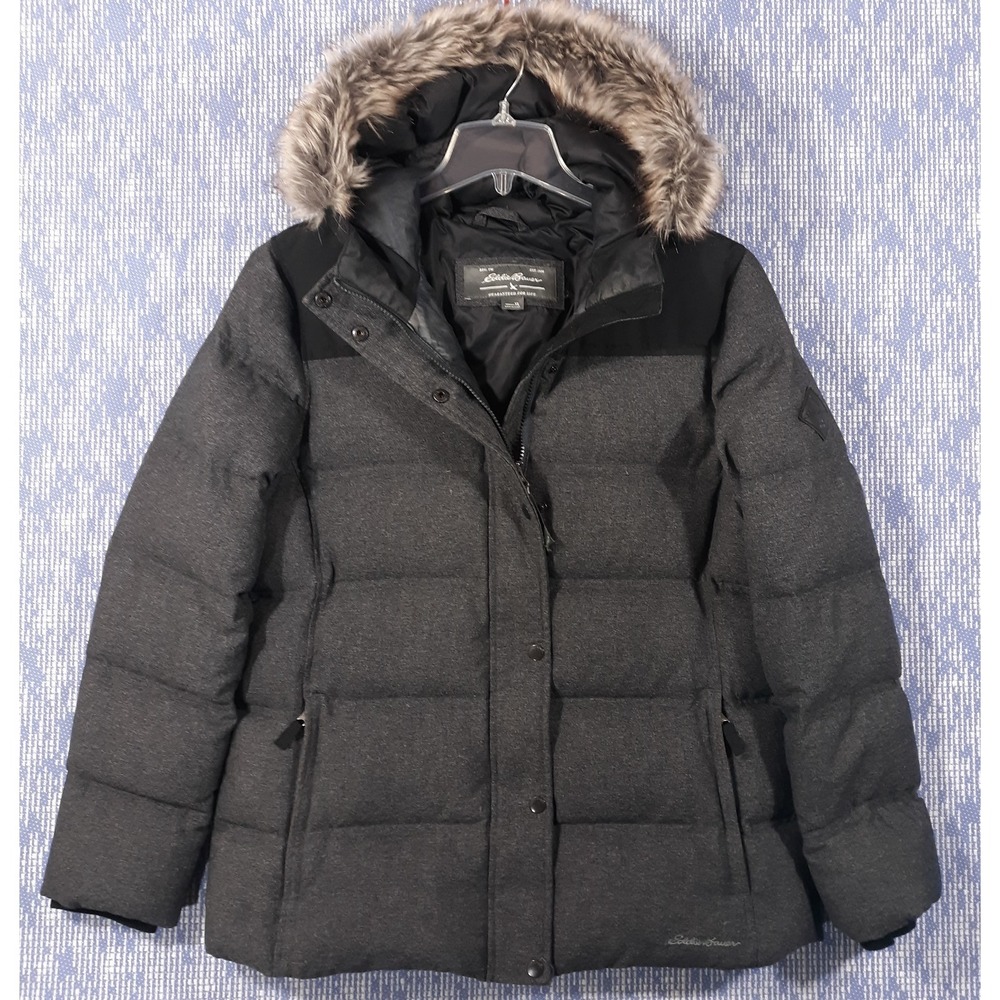 Eddie Bauer Puffer Jacket Winter Coat Down Fill Womens XL Gray Faux Fur Hood